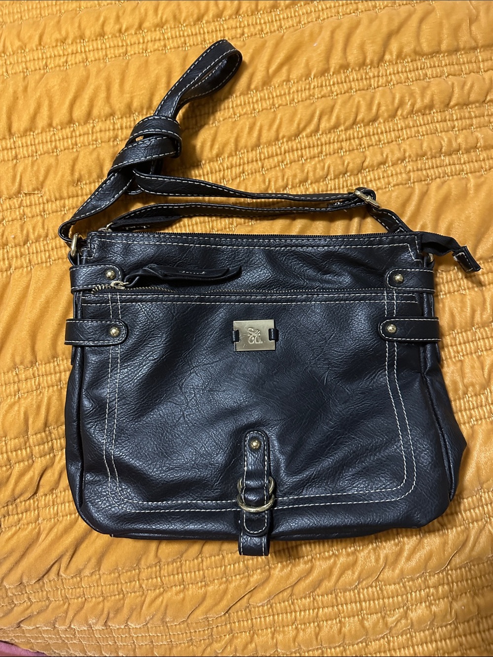 Black Faux-Leather Crossbody Bag with Brass Accents